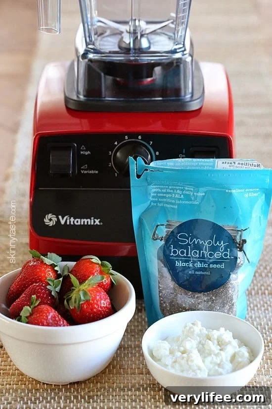 Roasted strawberries in this protein packed smoothie brings out their amazing natural flavor, made with creamy cottage cheese and added chia seeds – what a great way to start the day!
