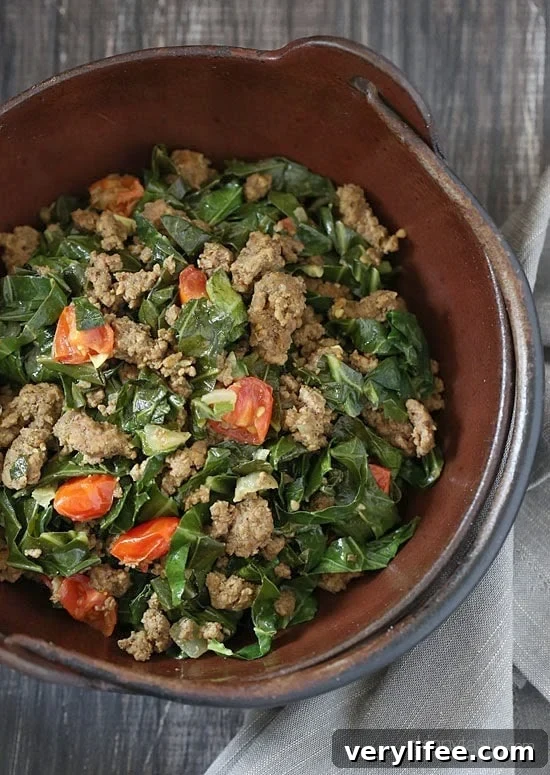 Kenyan braised collard greens and ground beef, also known as Sukuma Wiki, is quick and super easy to make. 