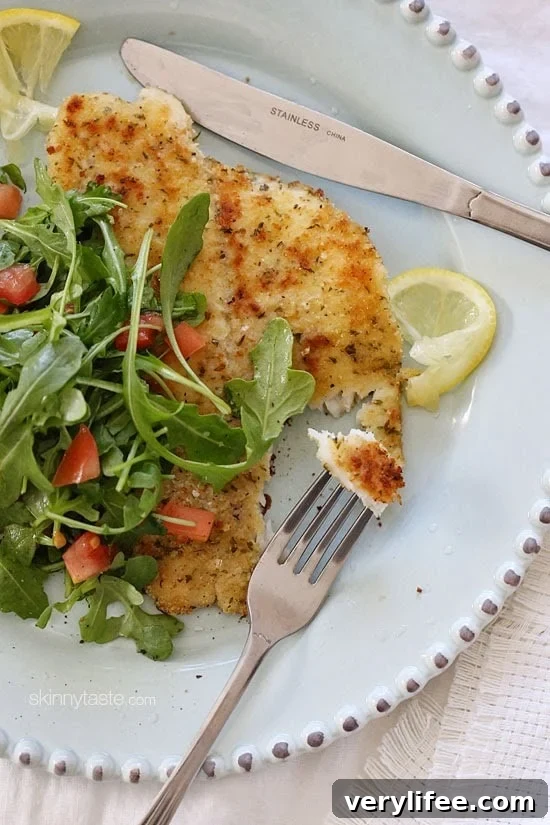 Breaded flounder milanese, lightly pan sauteed and topped with an arugula, lemon and tomatoes – a simple yet delicious way to prepare fish. Perfect for Lent, or any night you're in the mood for fish.