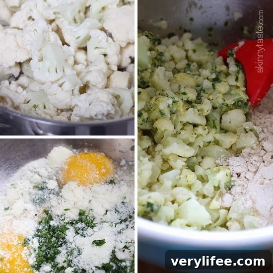 Fritters being formed in a skillet during cooking