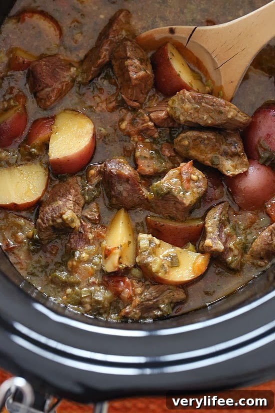 Slow Cooker Latin Beef Stew (Carne Guisada) 6 Crock pot carne guisada is a slow cooked Latin beef stew with baby red potatoes and Latin seasonings. Serve this topped with fresh aji picante – it's a must and really brightens the flavors and rounds out the dish!