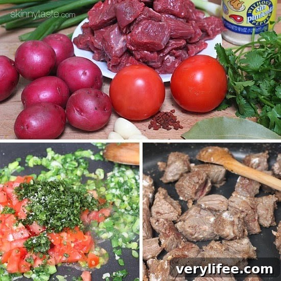 Slow Cooker Latin Beef Stew (Carne Guisada) 7 Crock pot carne guisada is a slow cooked Latin beef stew with baby red potatoes and Latin seasonings. Serve this topped with fresh aji picante – it's a must and really brightens the flavors and rounds out the dish!