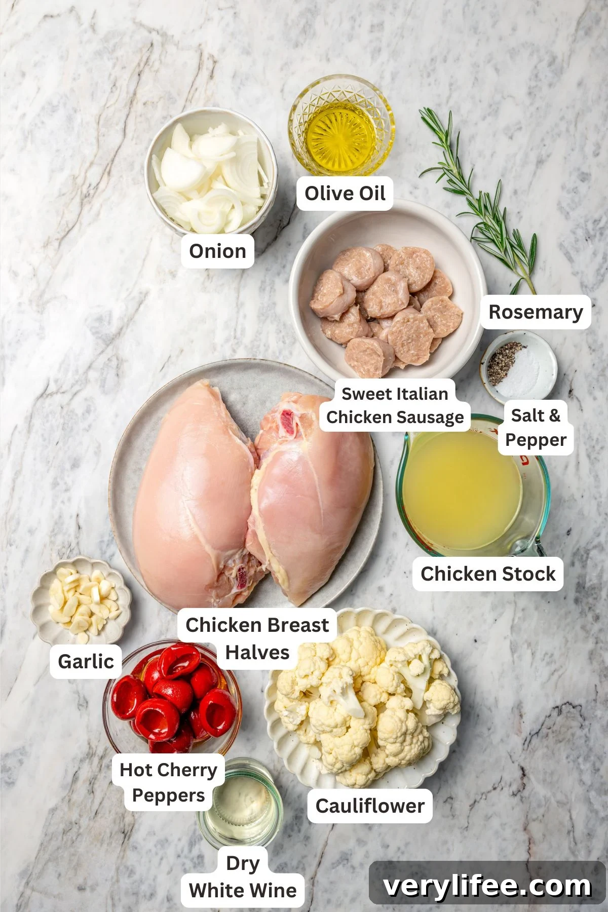 Low-Carb Chicken Scarpariello Recipe 5 Overhead view of ingredients for chicken scarpariello with labels.