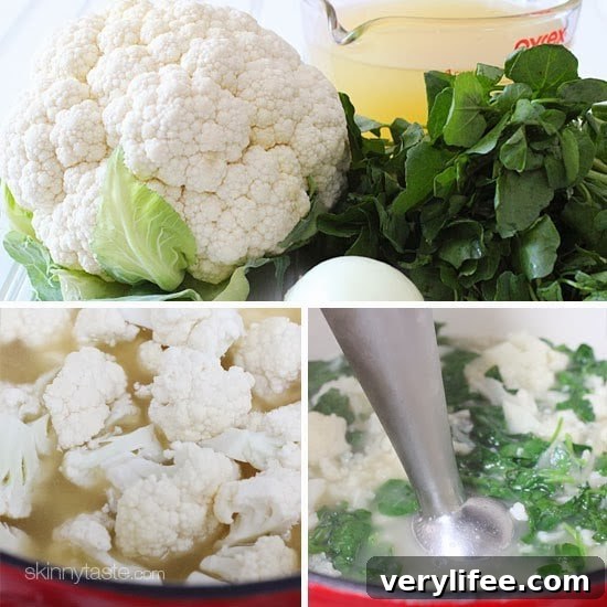 Close-up of creamy cauliflower watercress soup in a bowl