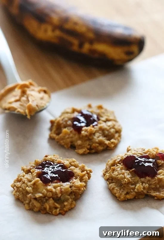 PB & J Healthy Oatmeal Cookies made with bananas, oats, peanut butter and jelly