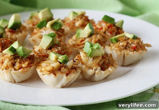 Plate of crab and avocado phyllo bites ready to serve