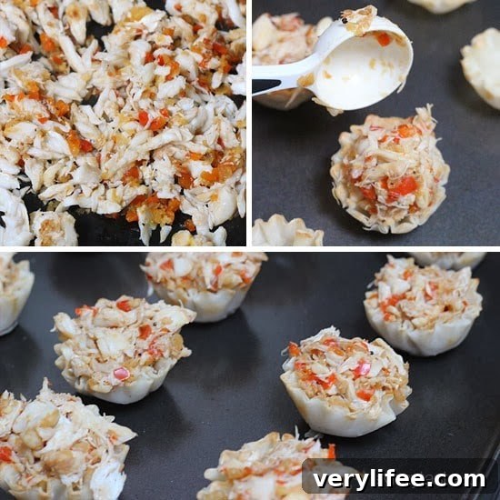 Close-up of stuffed phyllo shell with crab and avocado