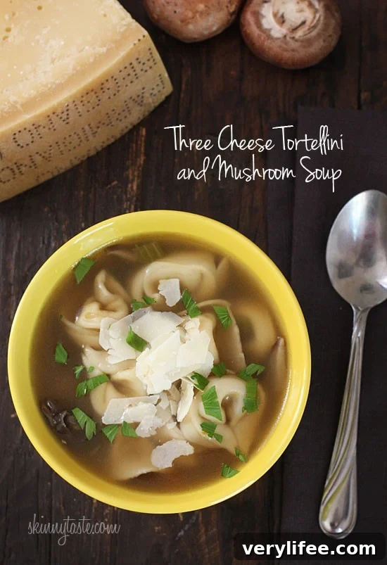 Creamy Mushroom Tortellini Soup 2 Three Cheese Tortellini and Mushroom Soup is warm and satisfying, with tortellini in every bite. Top this with some fresh shaved Parmigiano Reggiano and you'll experience a wonderful unami taste sensation.