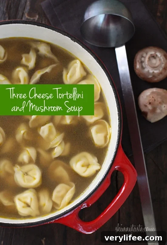 Creamy Mushroom Tortellini Soup 5 Three Cheese Tortellini and Mushroom Soup is warm and satisfying, with tortellini in every bite. Top this with some fresh shaved Parmigiano Reggiano and you'll experience a wonderful unami taste sensation.