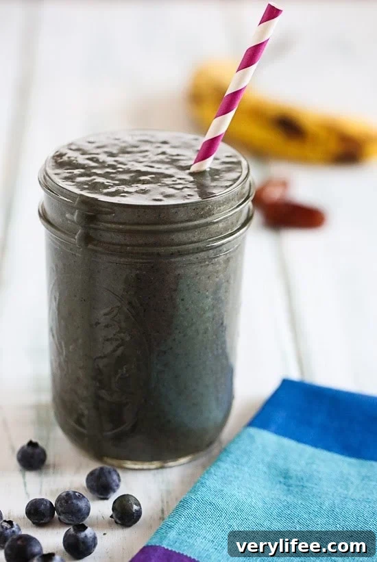 Black is the new green! The dark color of this smoothie is from antioxidant rich blueberries and kale added with almond milk, peanut butter, ripe banana, dates.