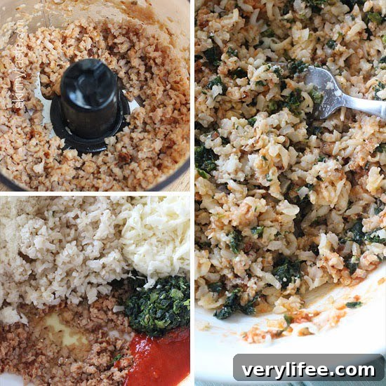 Baked Mini Spinach and Sausage Arancini Bites 4 Chopped sausage in a food processor bowl, a mixing bowl with sausage, rice, cheese, spinach, bread crumbs, and marinara sauce, a mixing bowl with all ingredients combined