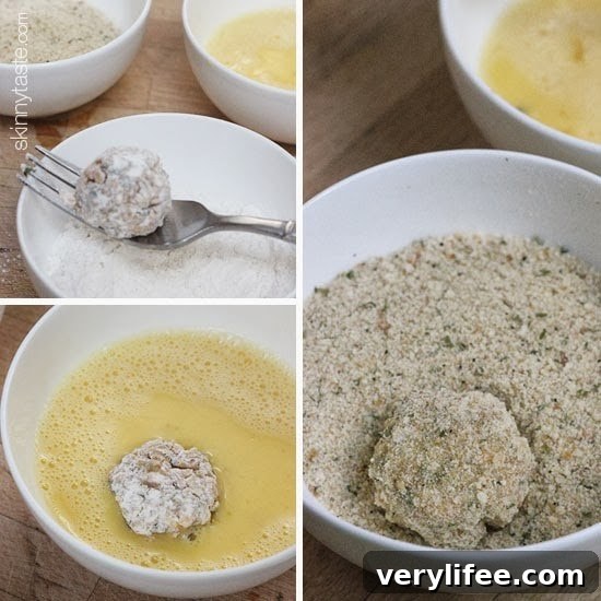 Baked Mini Spinach and Sausage Arancini Bites 5 A bowl with an arancini ball being dipped in flour, a bowl with an arancini ball being dipped in egg, and a bowl with an arancini bowl being dipped in bread crumbs