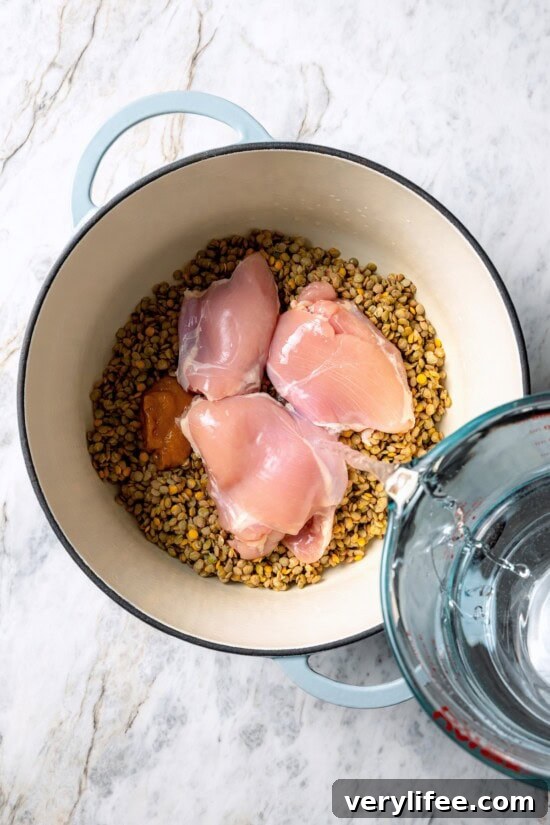 This chicken lentil soup is hearty, flavorful, and easy to make. It’s a nourishing, protein-packed meal perfect for cold days. Pouring water into pot with lentils and raw chicken.