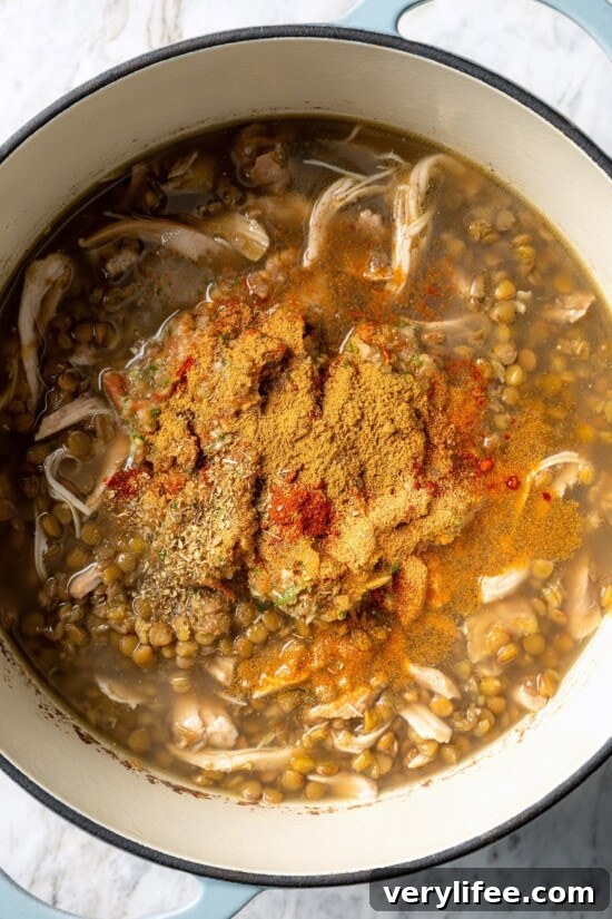 This chicken lentil soup is hearty, flavorful, and easy to make. It’s a nourishing, protein-packed meal perfect for cold days. Spices added to pot of chicken lentil soup.