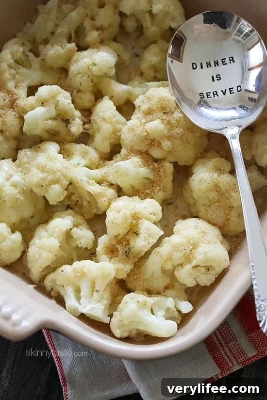 This super simple and easy to make cauliflower gratin uses light Havarti cheese, a splash of half and half, breadcrumbs and some seasoning for a delicious quick side.