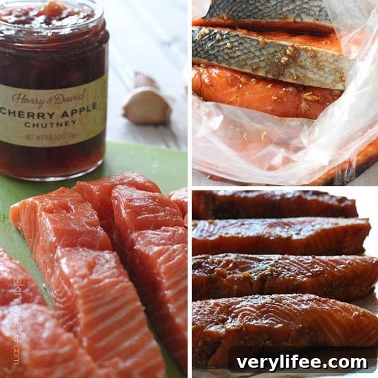 Broiled Wild Salmon with Cherry-Apple Chutney Recipe 10 A jar of cherry apple chutney with raw salmon fillets, a bag with raw salmon fillets in marinade, marinated raw salmon fillets on a baking sheet