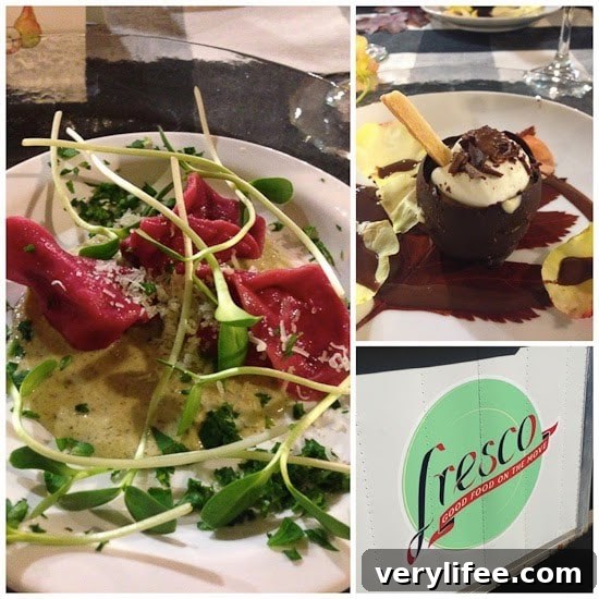 Broiled Wild Salmon with Cherry-Apple Chutney Recipe 12 A plate of beet-colored pasta with pea shoots and creamy dressing, a plate with a chocolate cup filled with whipped cream and shaved chocolate, a photo of the Fresco logo