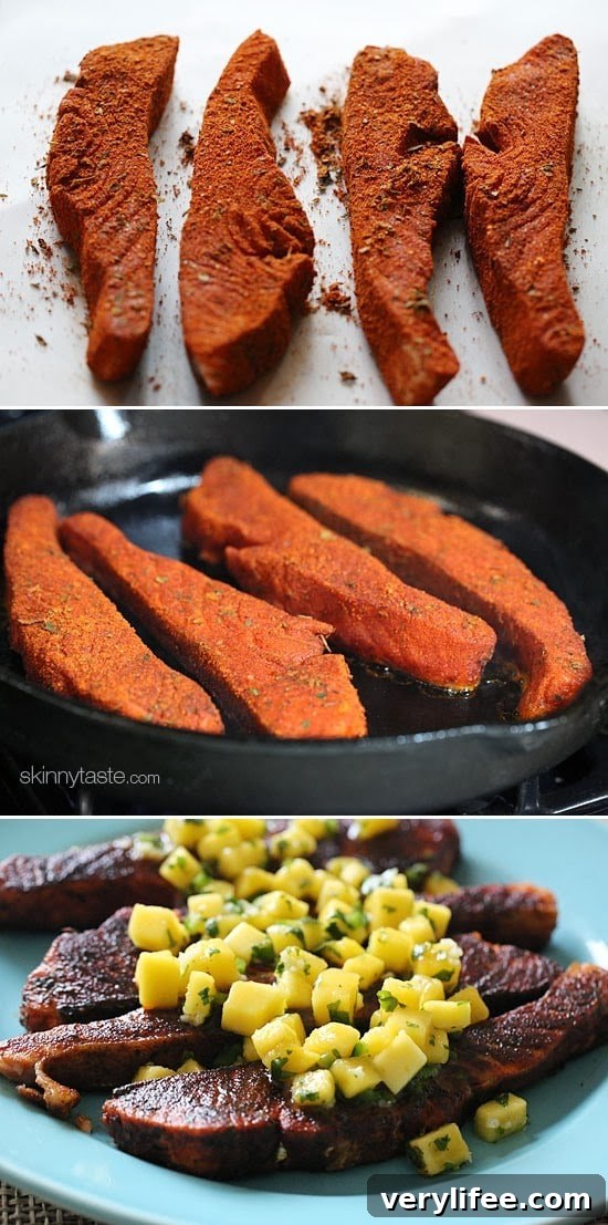 Cajun Blackened Salmon with Mango Salsa 4 Four seasoned salmon fillets, four seasoned salmon fillets cooking in a cast-iron skillet, a platter with blackened salmon fillets topped with mango salsa