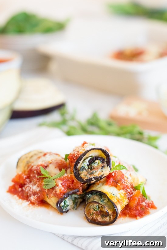 Three eggplant rollatini with sauce on a white plate.