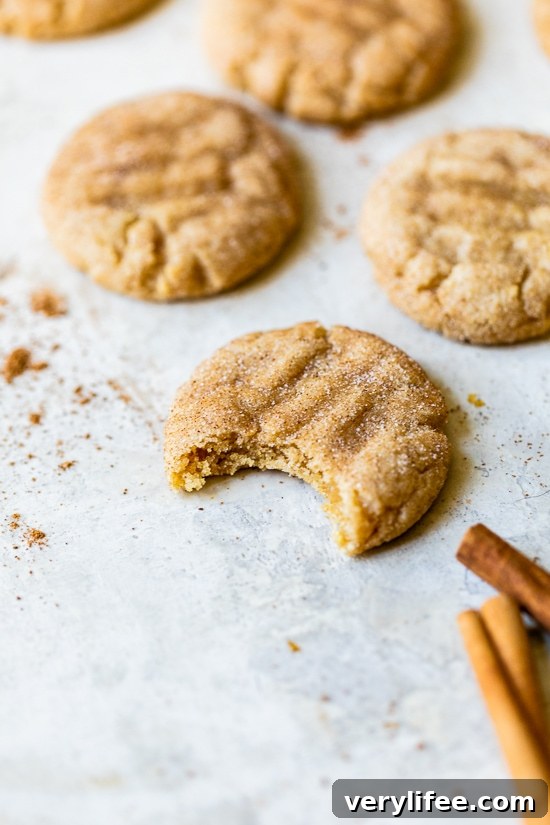 Light Pumpkin Snickerdoodle Cookies Recipe 3 Pumpkin snickerdoodle cookies on a counter, one half eaten