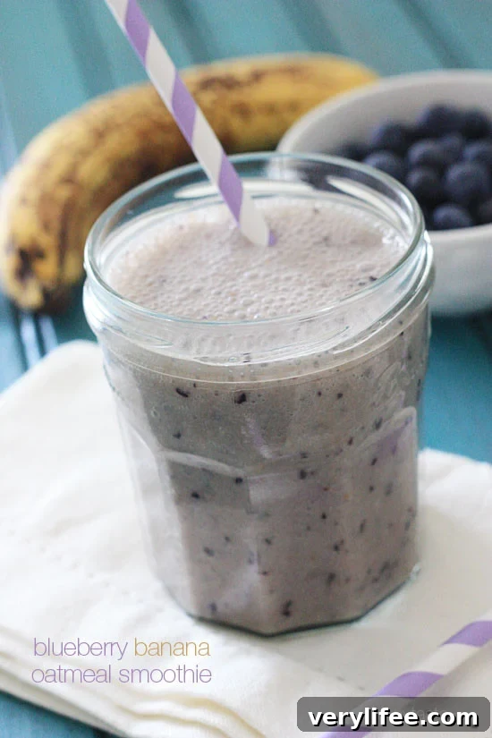 Blueberry Banana Oatmeal Smoothie – If you're looking for a heart healthy, dairy-free breakfast loaded with fiber you can eat on the run, this is it!