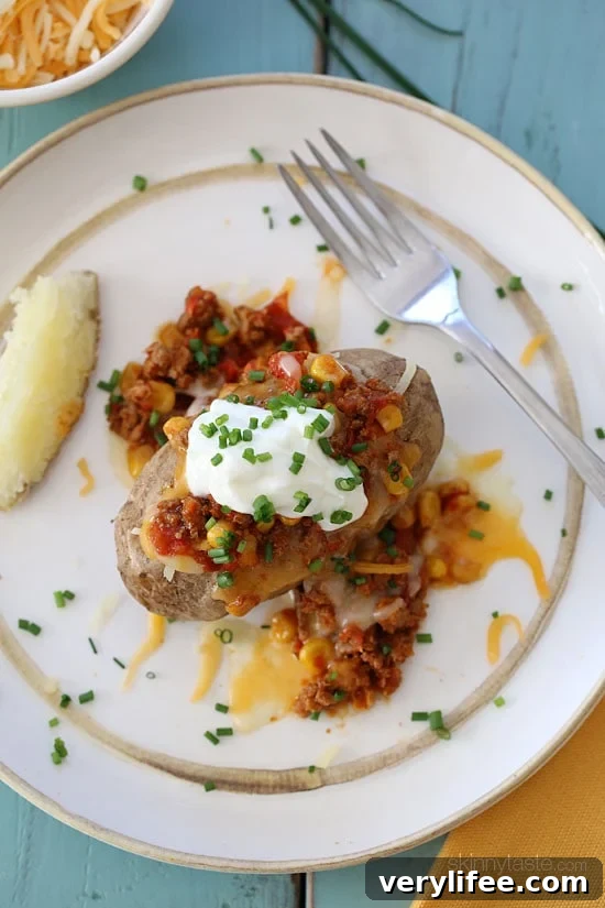 Loaded baked potato stuffed with lean turkey chili and cheese