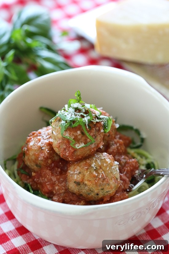 Zoodles with Slow Cooker Turkey Meatballs 2 Zucchini noodles and meatballs – a classic pairing with zucchini noodles and turkey meatballs.