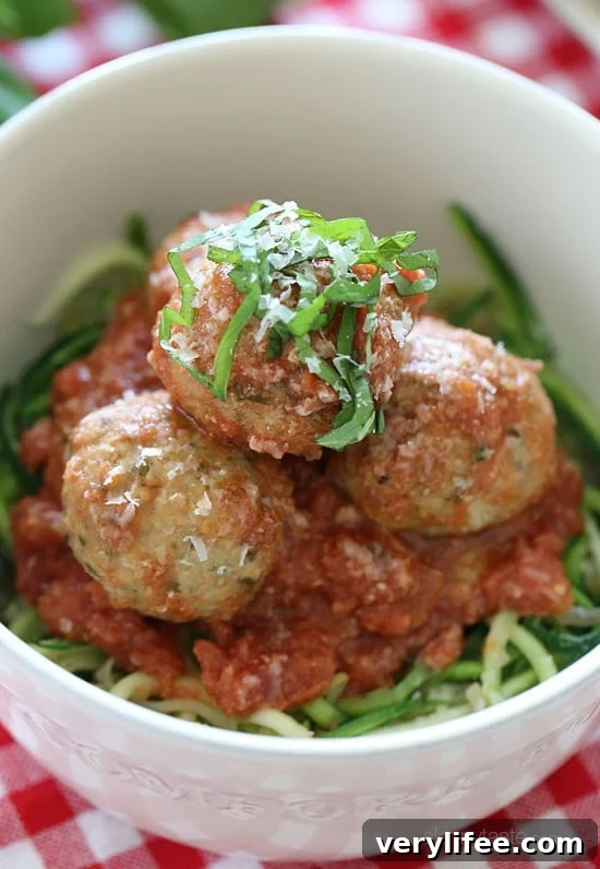 Zoodles with Slow Cooker Turkey Meatballs 5 Zoodles and meatballs plated