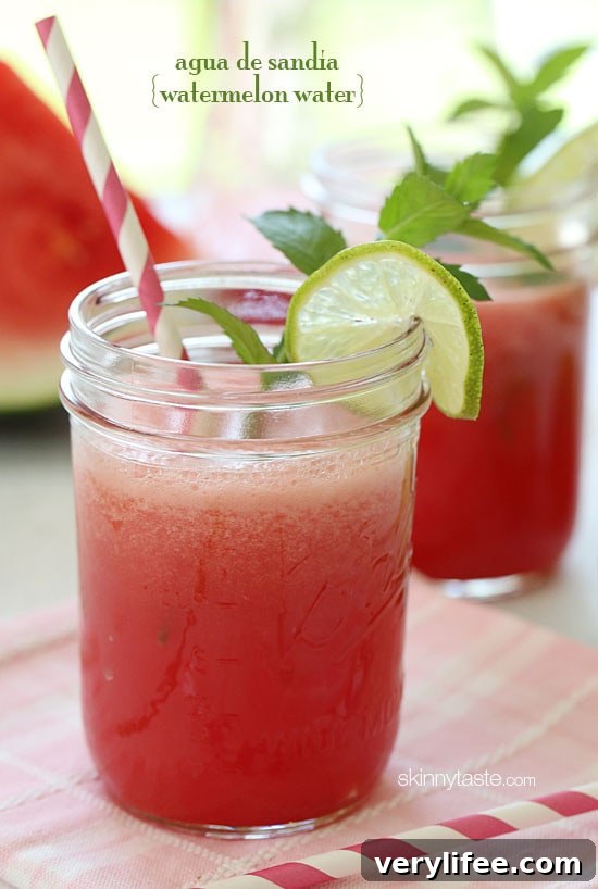 Agua Fresca – chilled watermelon puree, a squeeze of lime, over a glass of ice.