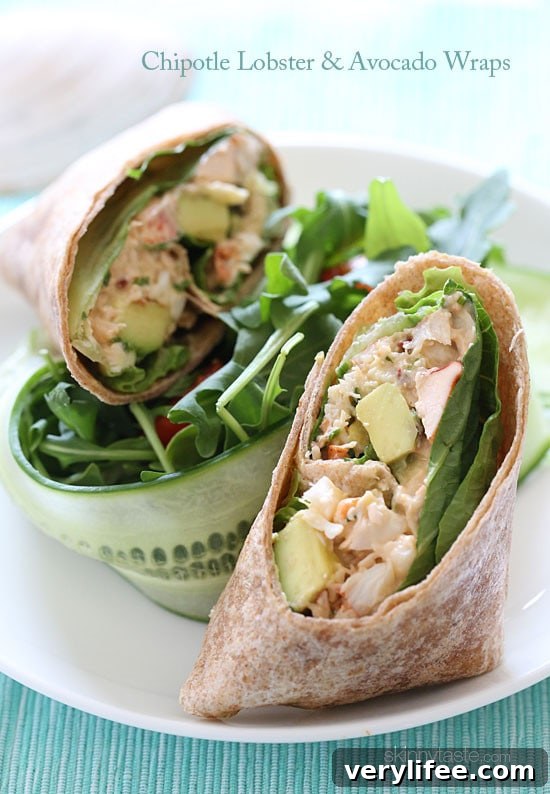 Spicy Chipotle Lobster and Avocado Wrap Recipe 2 Chipotle lobster salad with avocado, scallions, cilantro and lettuce on a whole wheat wrap – fabulous!!