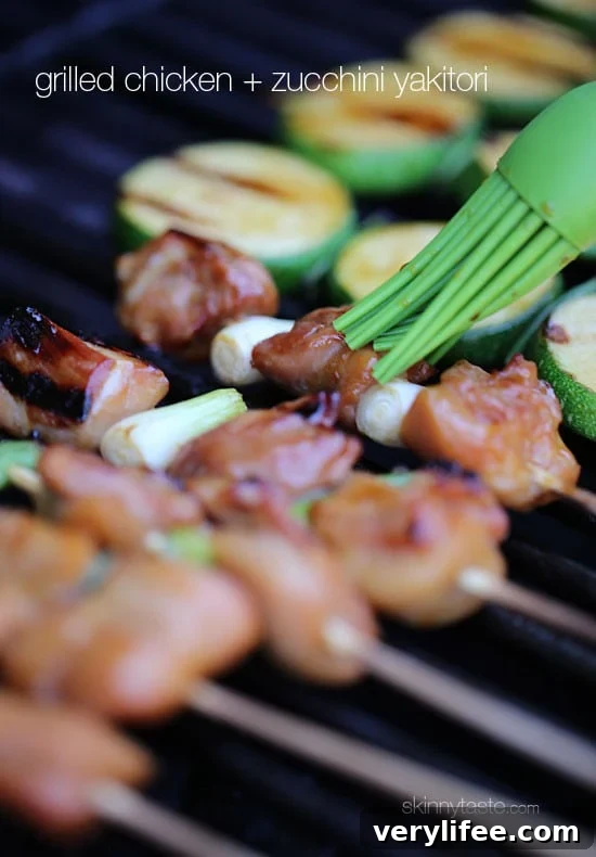Japanese Chicken Yakitori Skewers Recipe 3 Grilled Chicken and Zucchini Yakitori – Japanese inspired grilled chicken and zucchini skewers marinated with yakitori sauce and threaded onto bamboo sticks with green onions.