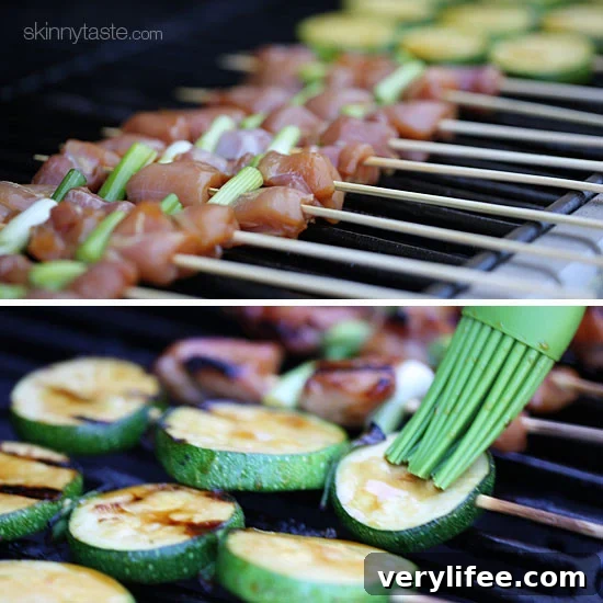 Japanese Chicken Yakitori Skewers Recipe 7 Grilled Chicken and Zucchini Yakitori – Japanese inspired grilled chicken and zucchini skewers marinated with yakitori sauce and threaded onto bamboo sticks with green onions.