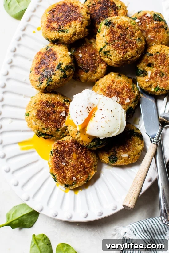 Quinoa and Spinach Patties with a poached egg on top.