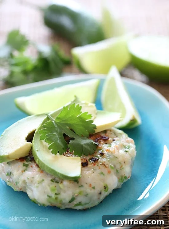 Jalapeño Shrimp Cakes — light shrimp patties with jalapeño, scallions, cilantro, lime, and avocado.