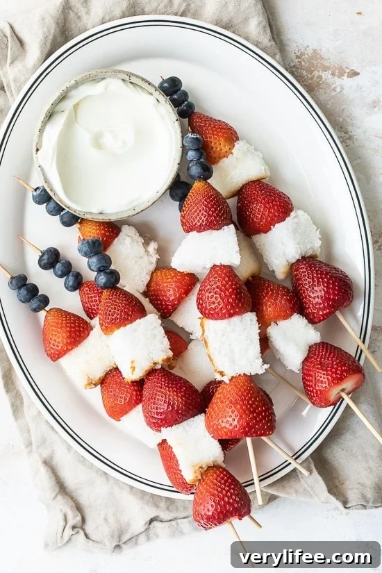 Red White and Blue Fruit Skewers with Cheesecake Yogurt Dip