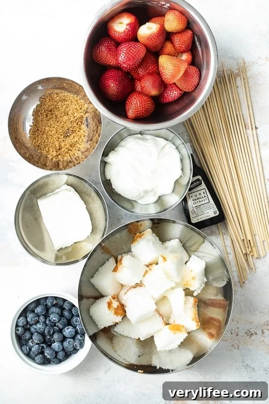Red White and Blue Fruit Skewers with Cheesecake Yogurt Dip