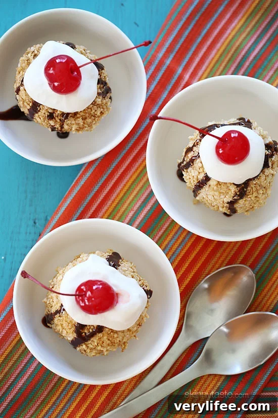 Unfried ice cream served with chocolate and cherry