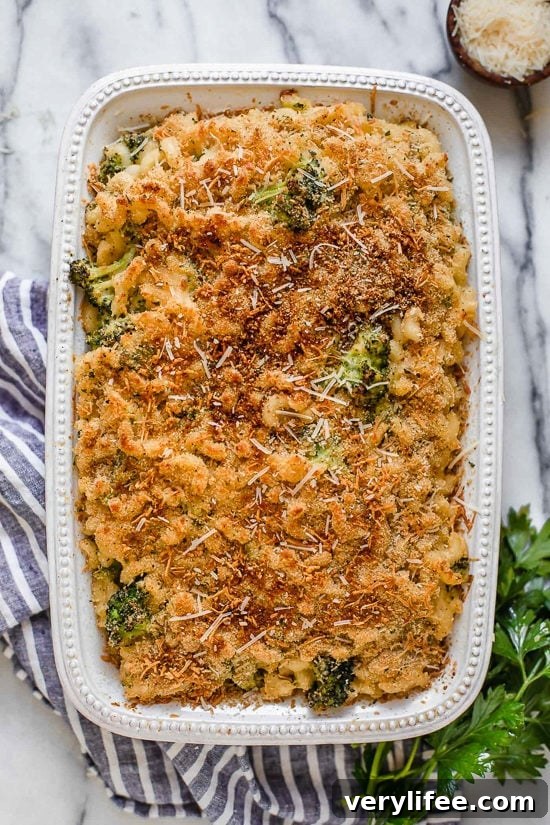 Creamy Broccoli Mac and Cheese Recipe 7 Baking dish with broccoli mac and cheese.