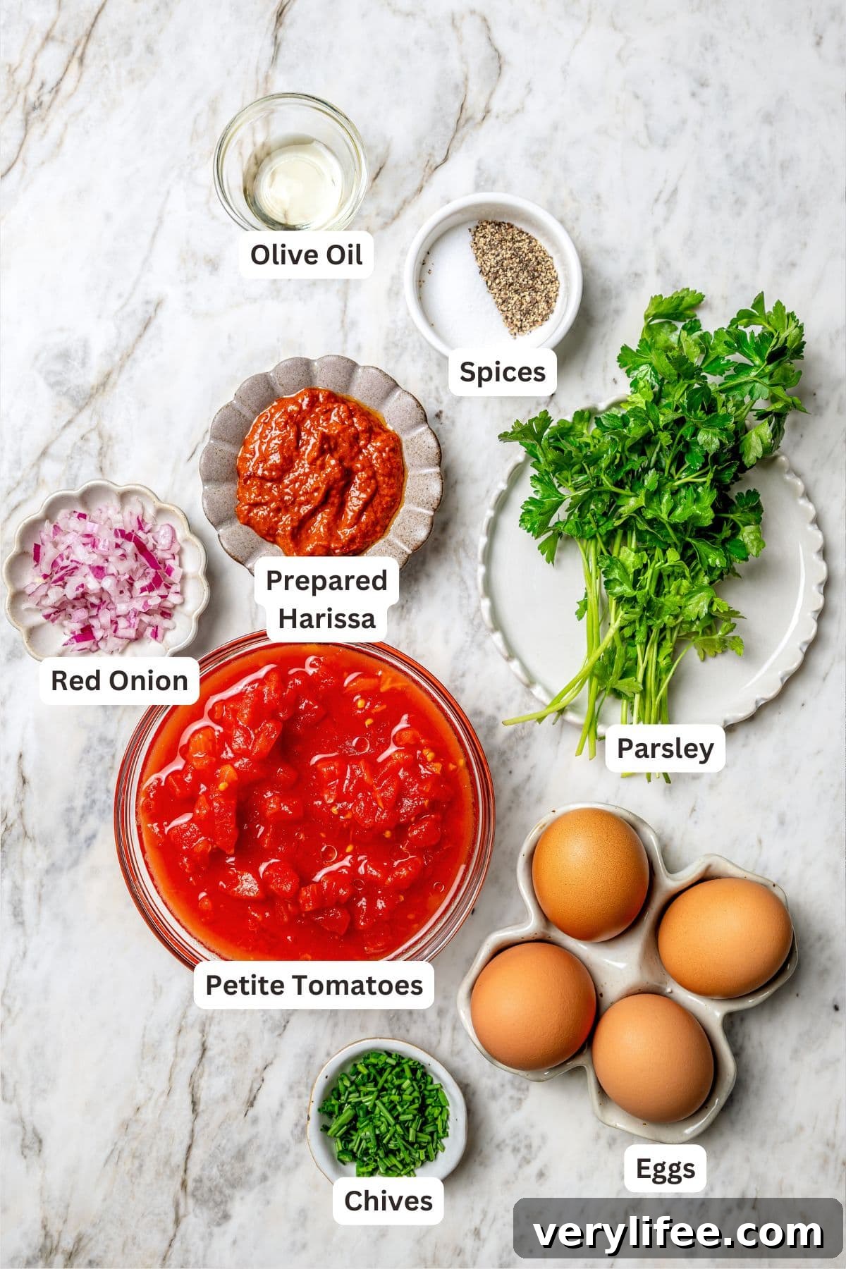 Eggs in Purgatory: Classic Italian Tomato-Braised Eggs Recipe 2 Overhead view of ingredients for eggs in purgatory