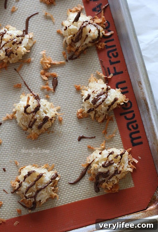 Closeup of chocolate drizzled macaroons