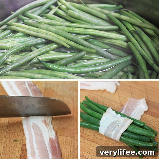 Pretty little bundles of bacon wrapped French 'green beans' known as Haricot verts which are longer and thinner than the typical American green beans. Of course, American green beans will work just fine here too.