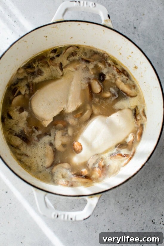 Add chicken and broth and simmer.