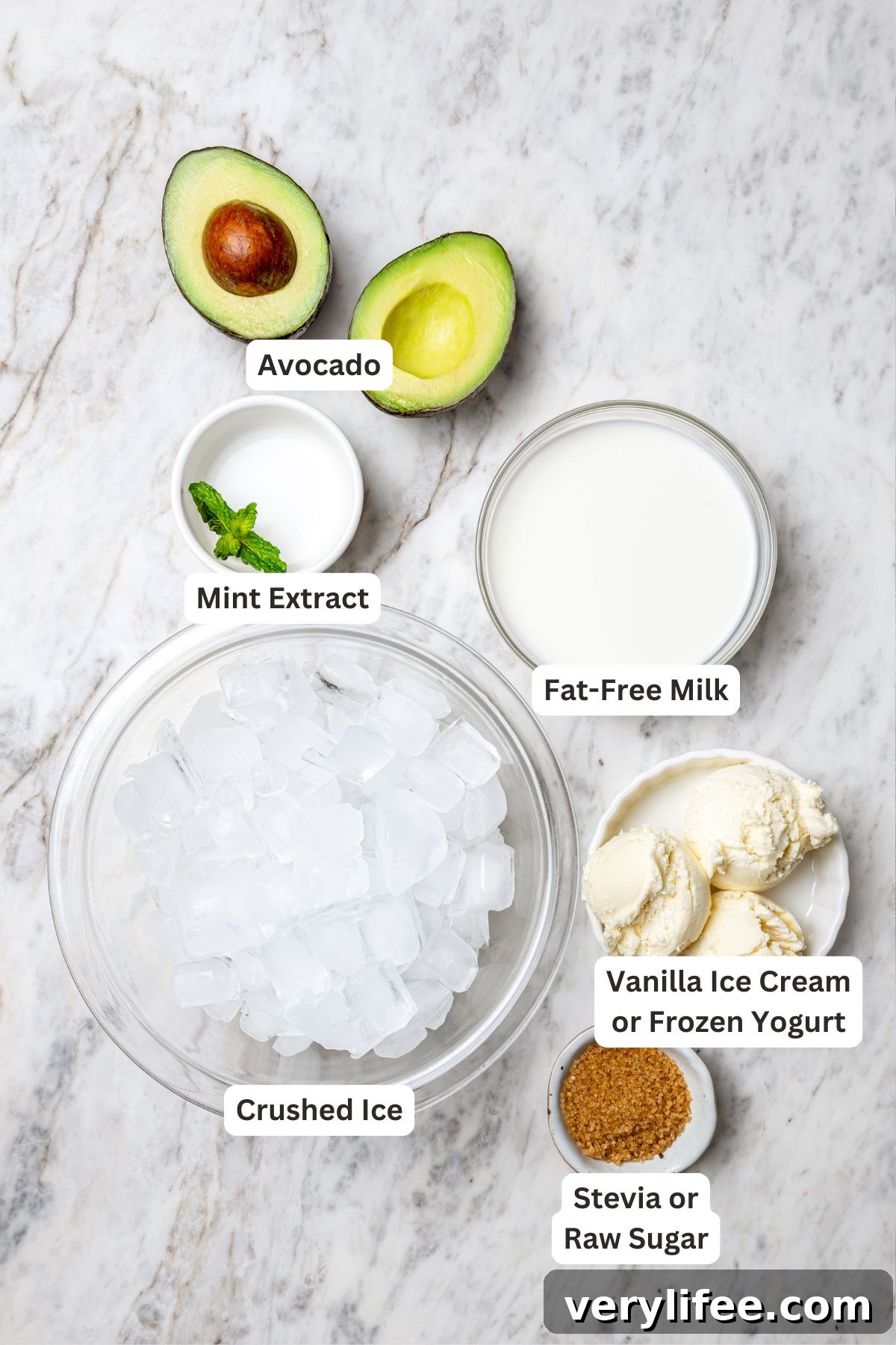 Overhead view of shamrock shake ingredients with labels