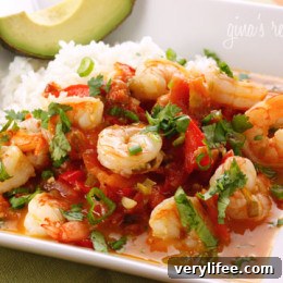 A quick shrimp stew cooked in a tomato coconut broth with lime and cilantro