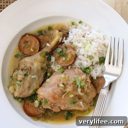 Cajun Chicken and Andouille Sausage Stew 5 A chicken and sausage stew made with skinless chicken legs and spicy andouille sausage simmered with flavors from the deep south – without the extra fat.
