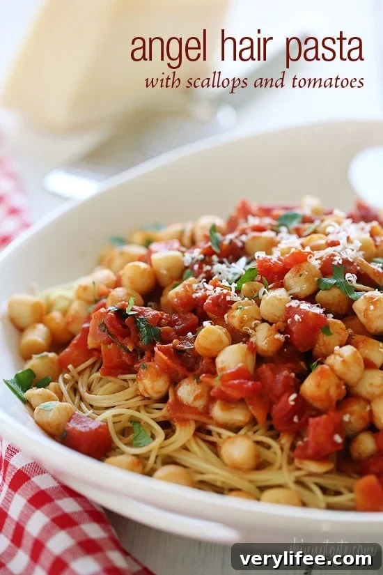 Sauteed bay scallops with tomatoes and a touch of white wine and lemon juice served over angel hair pasta.