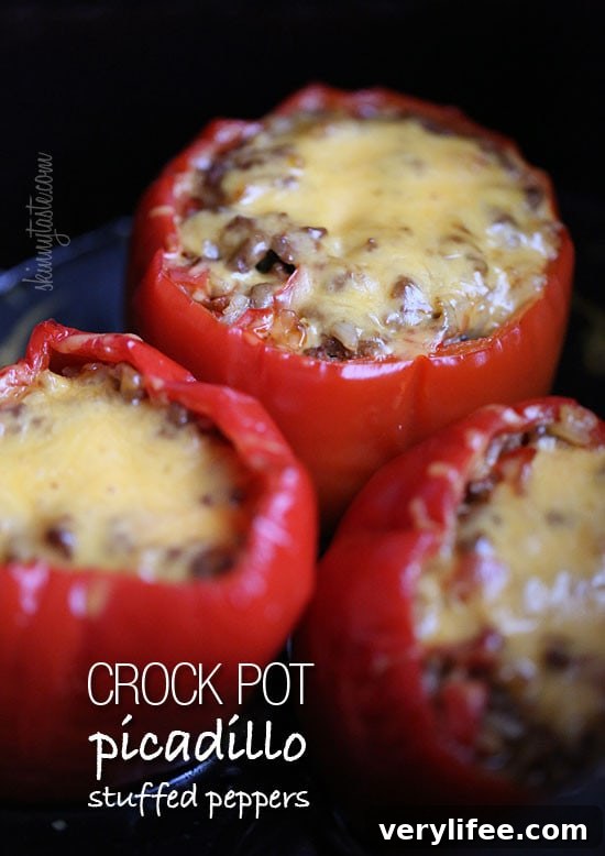Crock Pot Picadillo Stuffed Peppers Leftover picadillo and brown rice makes a super easy second meal, all in the CrockPot. Stuffed peppers topped with melted cheddar or Monterey Jack cheese and you'll have a delicious dinner without much fuss -a complete meal-in-one.