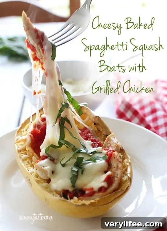 Roasted spaghetti squashed topped with marinara sauce, grilled chicken, melted mozzarella and some fresh basil. I had a hard time naming this one, but I think you get the point.