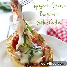 Roasted spaghetti squashed topped with marinara sauce, grilled chicken, melted mozzarella and some fresh basil. I had a hard time naming this one, but I think you get the point.