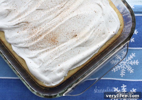 Lighter Eggnog Cake for the Holidays 4 Full sheet of skinny eggnog cake ready to serve